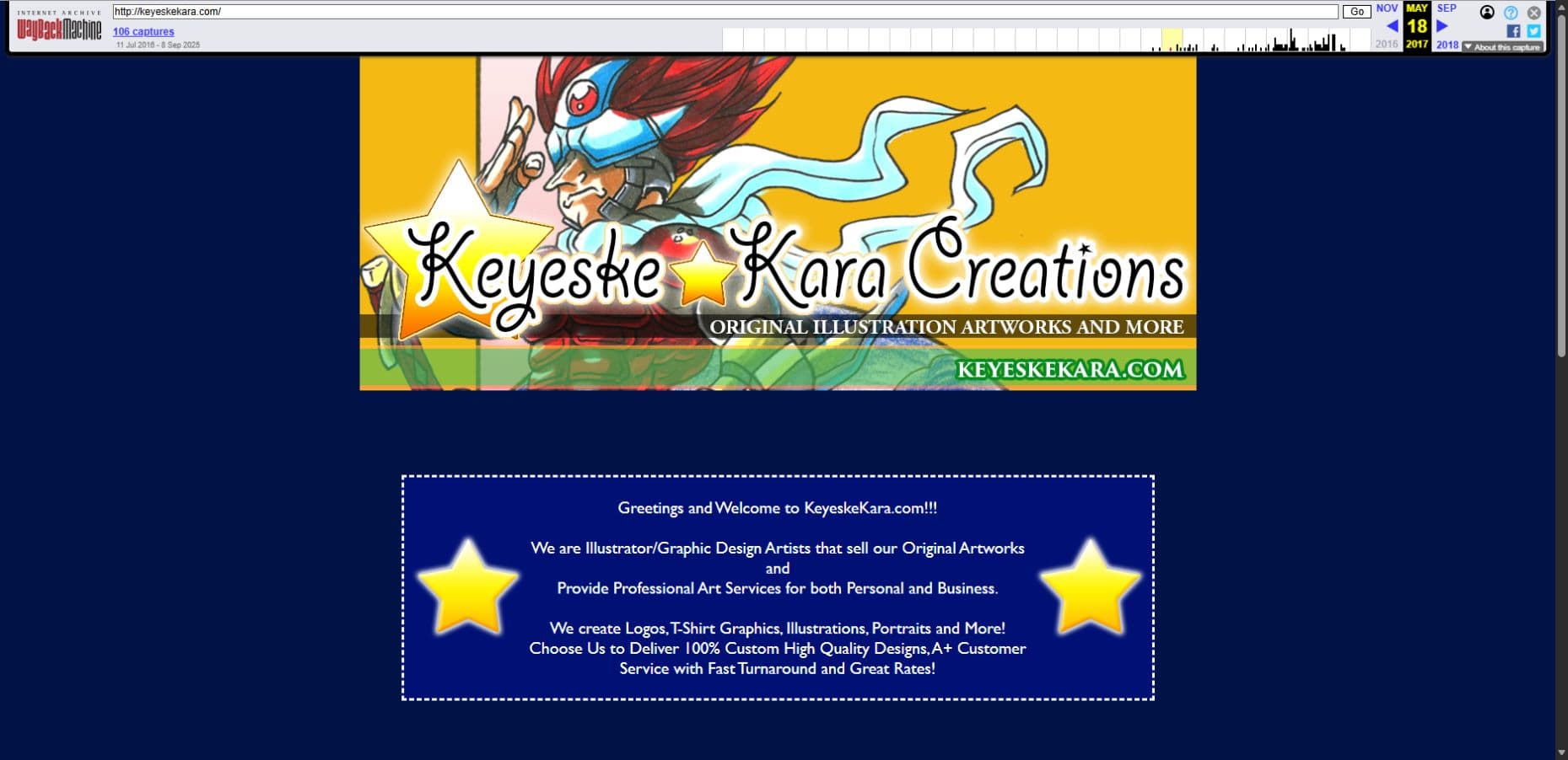 The archived KeyeskeKara illustration and design website from May 18, 2017.