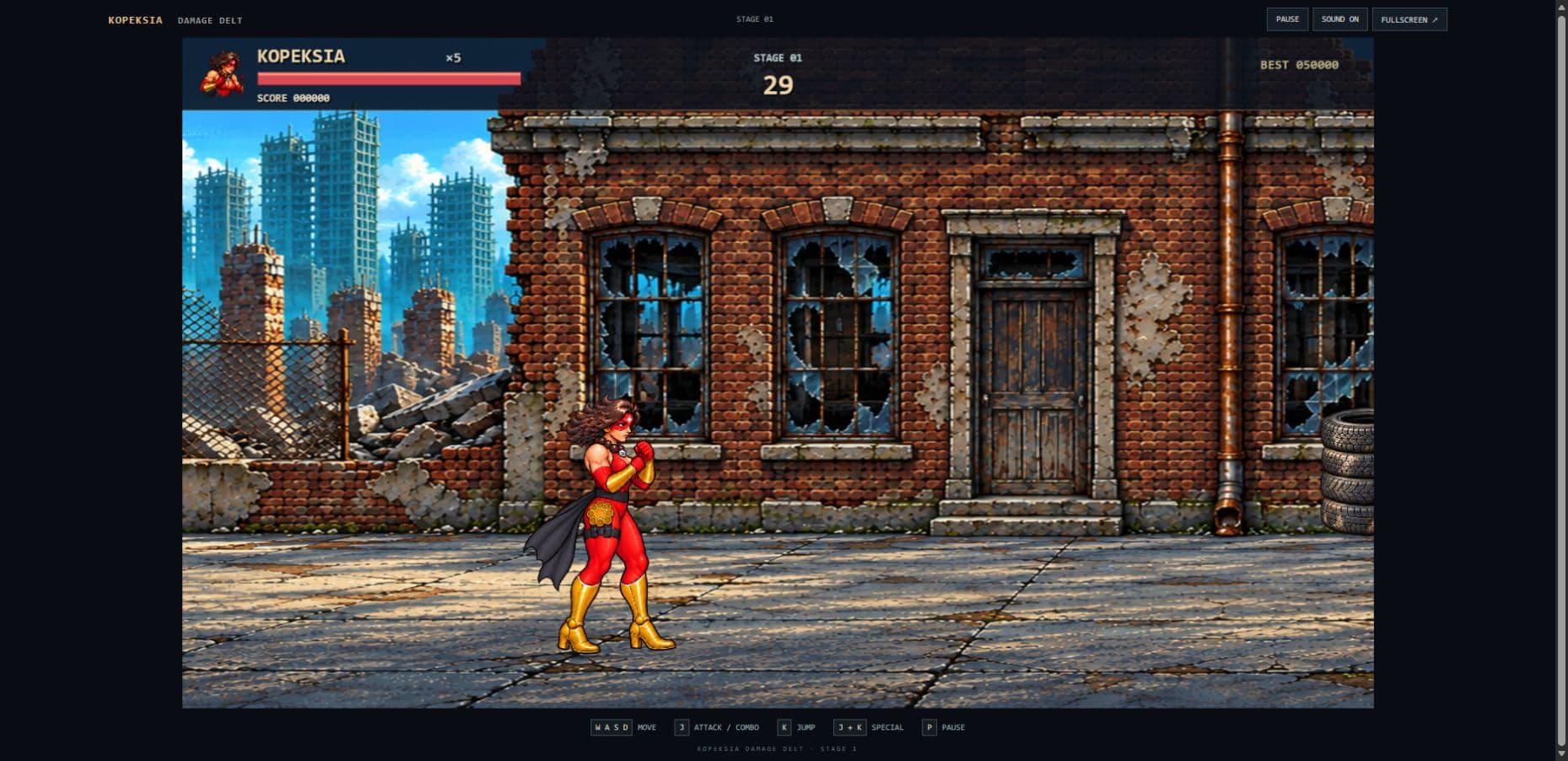 Actual Kopeksia Damage Delt first-stage browser preview with Kopeksia in a painted street scene.