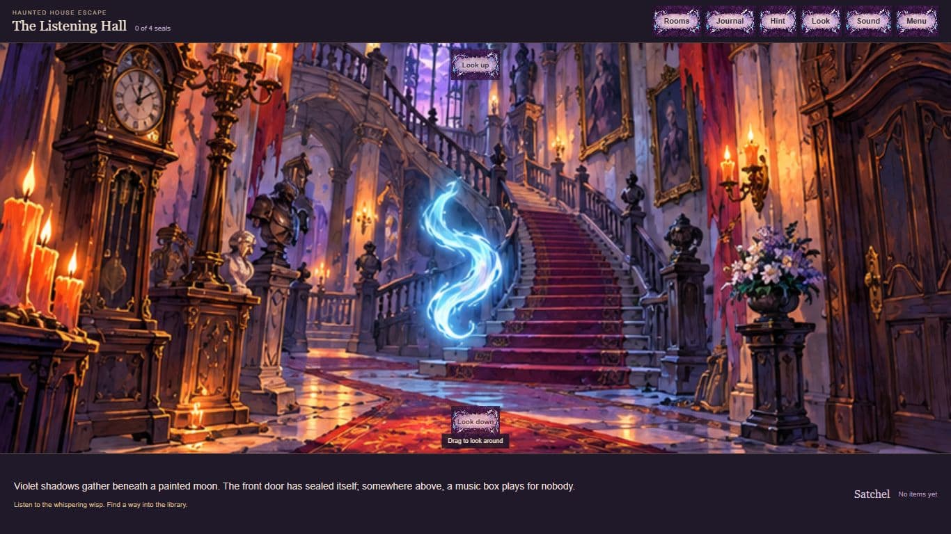Actual Haunted House Escape game view with its painted haunted room and game controls.