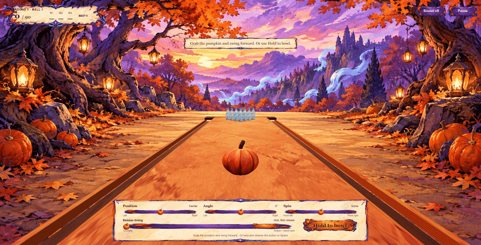 Actual Pumpkin Bowling 3D gameplay showing the pumpkin, bottle pins and painted bowling backdrop.