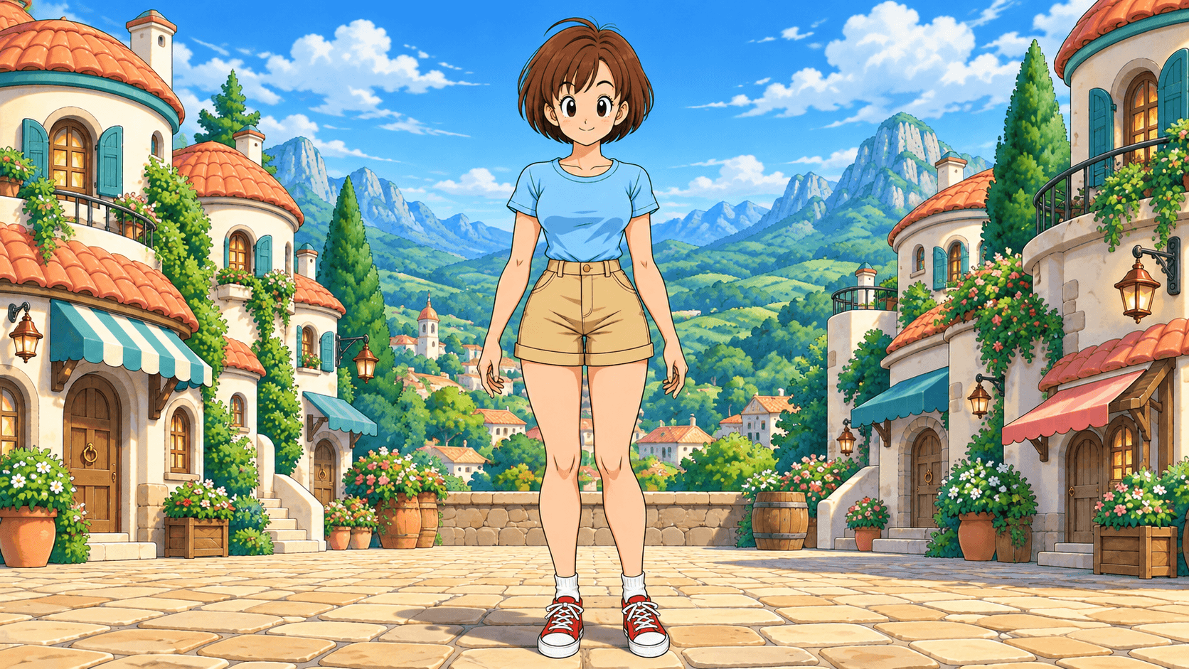 Sally in a sunny hillside town square, shown on Cindy Funhouse.