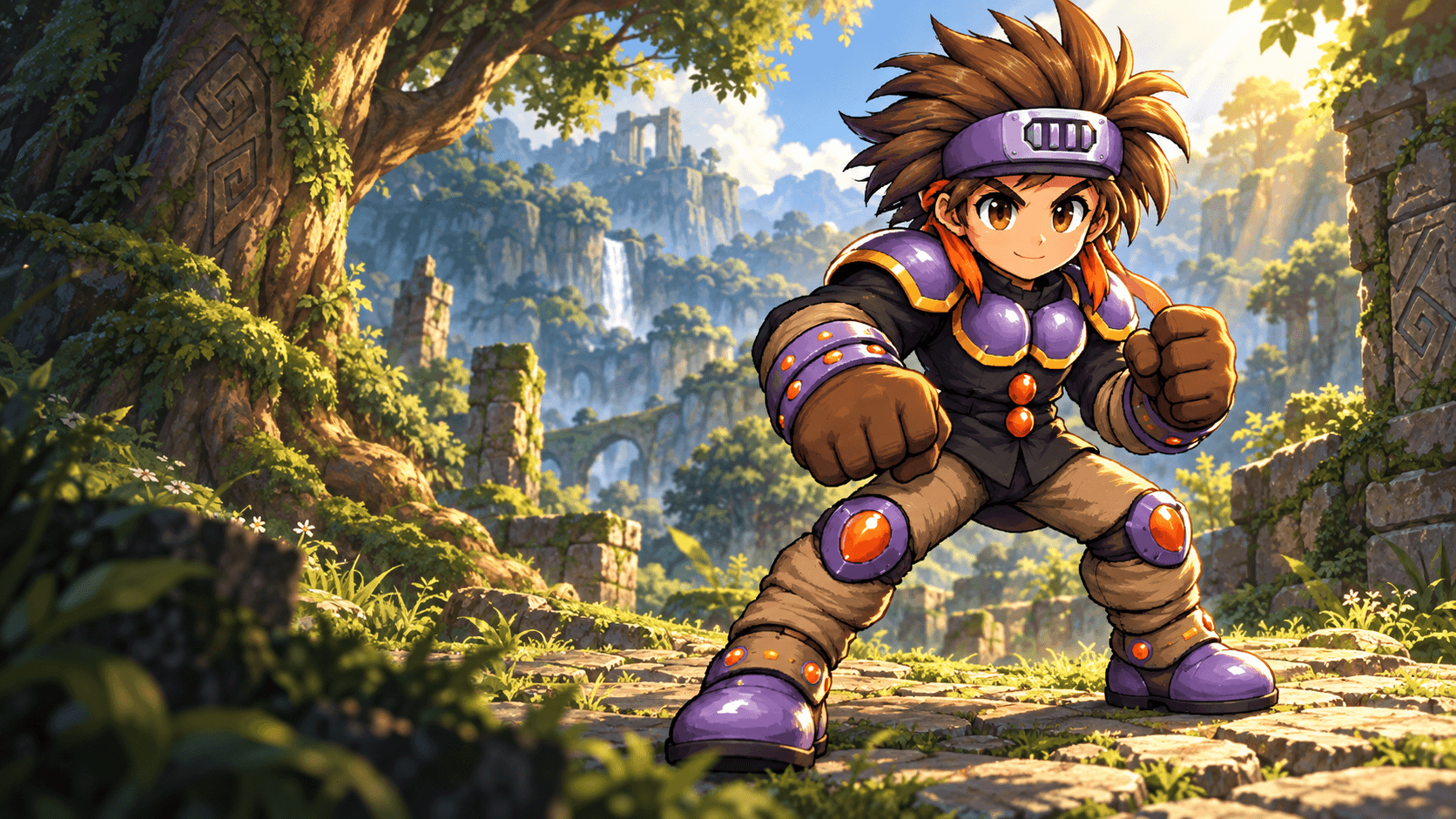 Didga in purple armor with his power gloves, ready for an adventure.