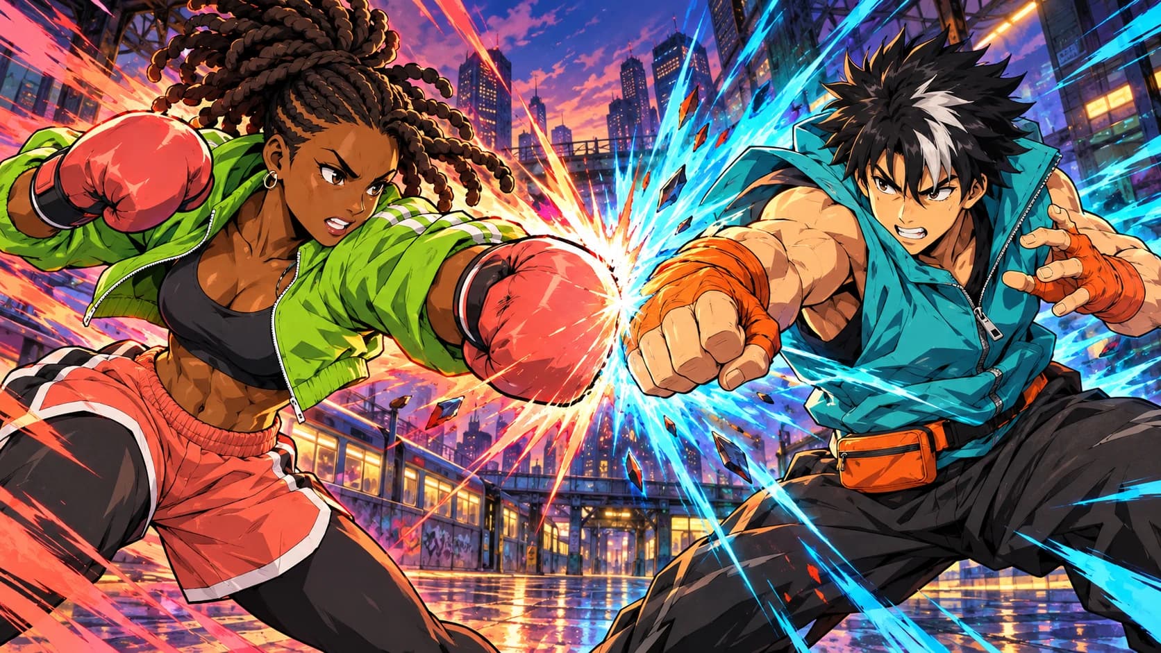 Nia Brooks and Ren Hoshino clash fists in a painted city showdown.
