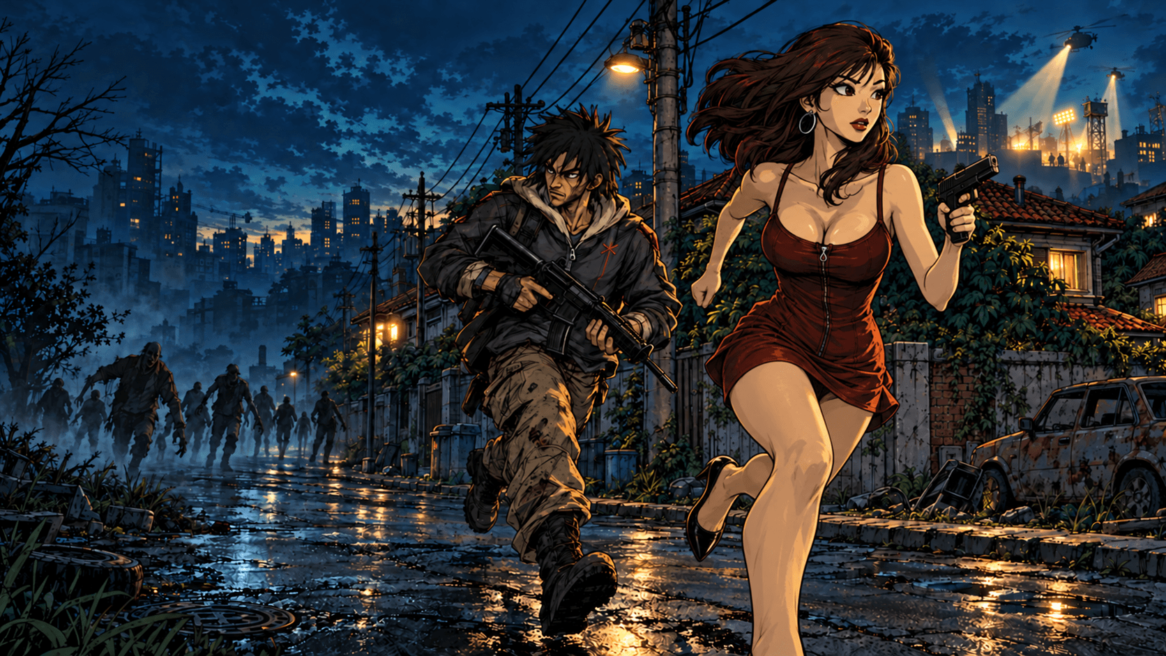 Gruge and Vicki run through a ruined city, pursued by infected.