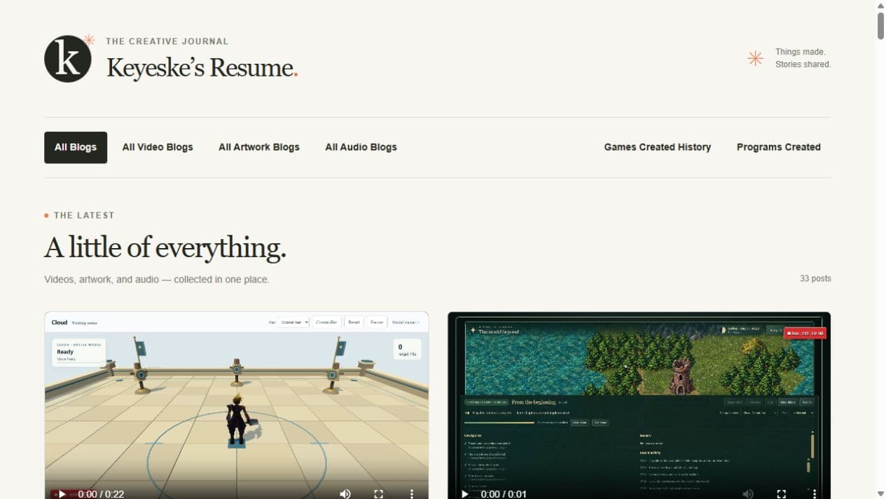 The Keyeske creative journal home page.