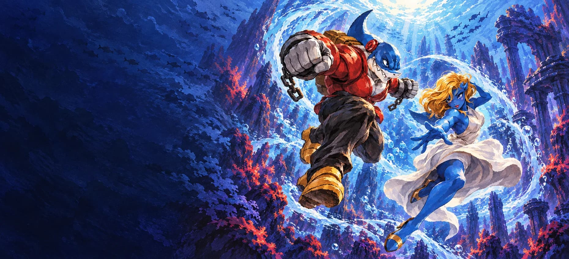 Dekino and Sharkina in a painted ocean world with towering blue ruins.