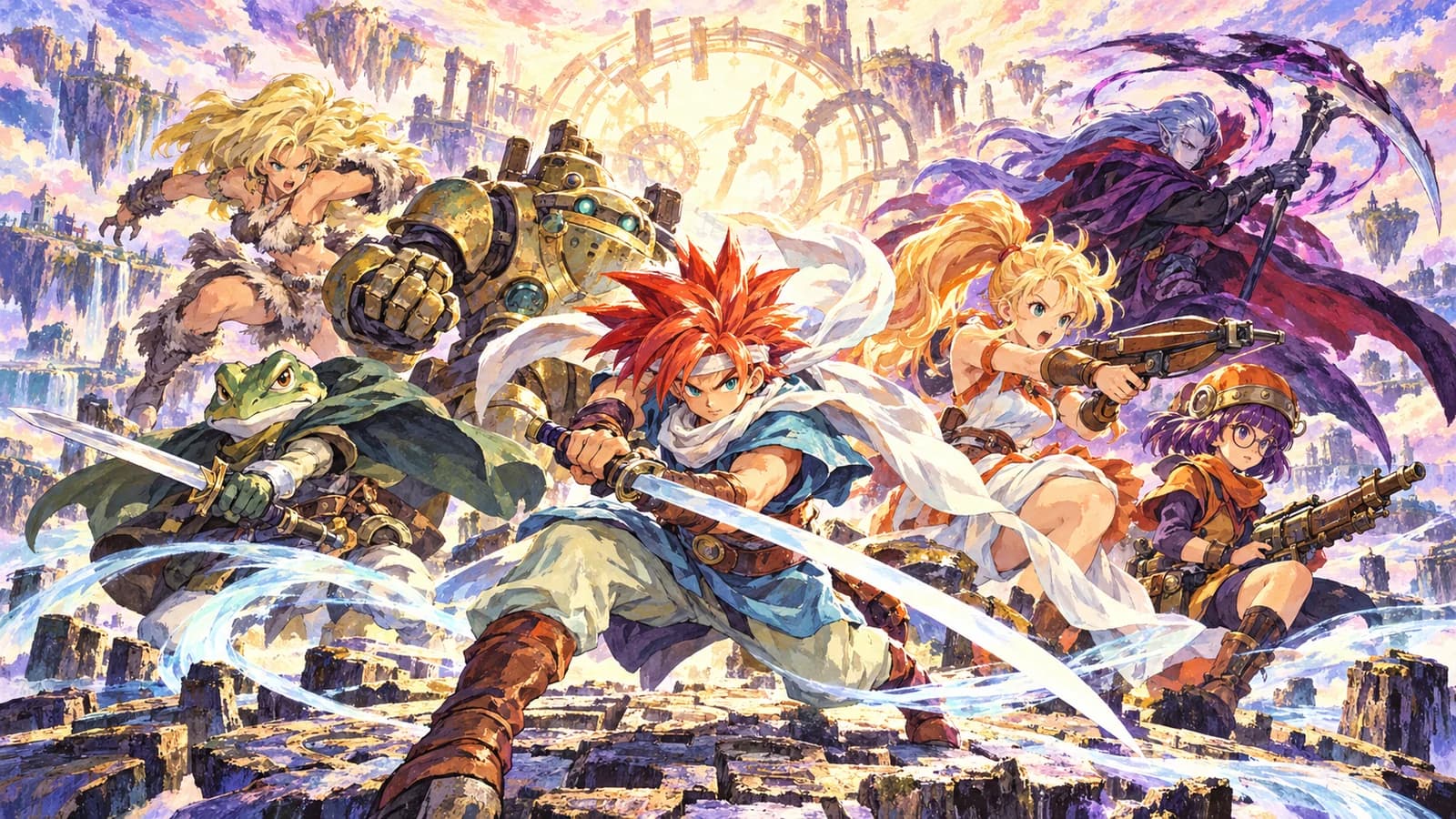Crono and the heroes of time gather before a radiant time gate.