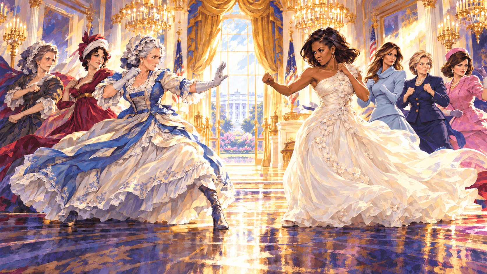 The First Lady Brawl cast faces off in a painted East Room.