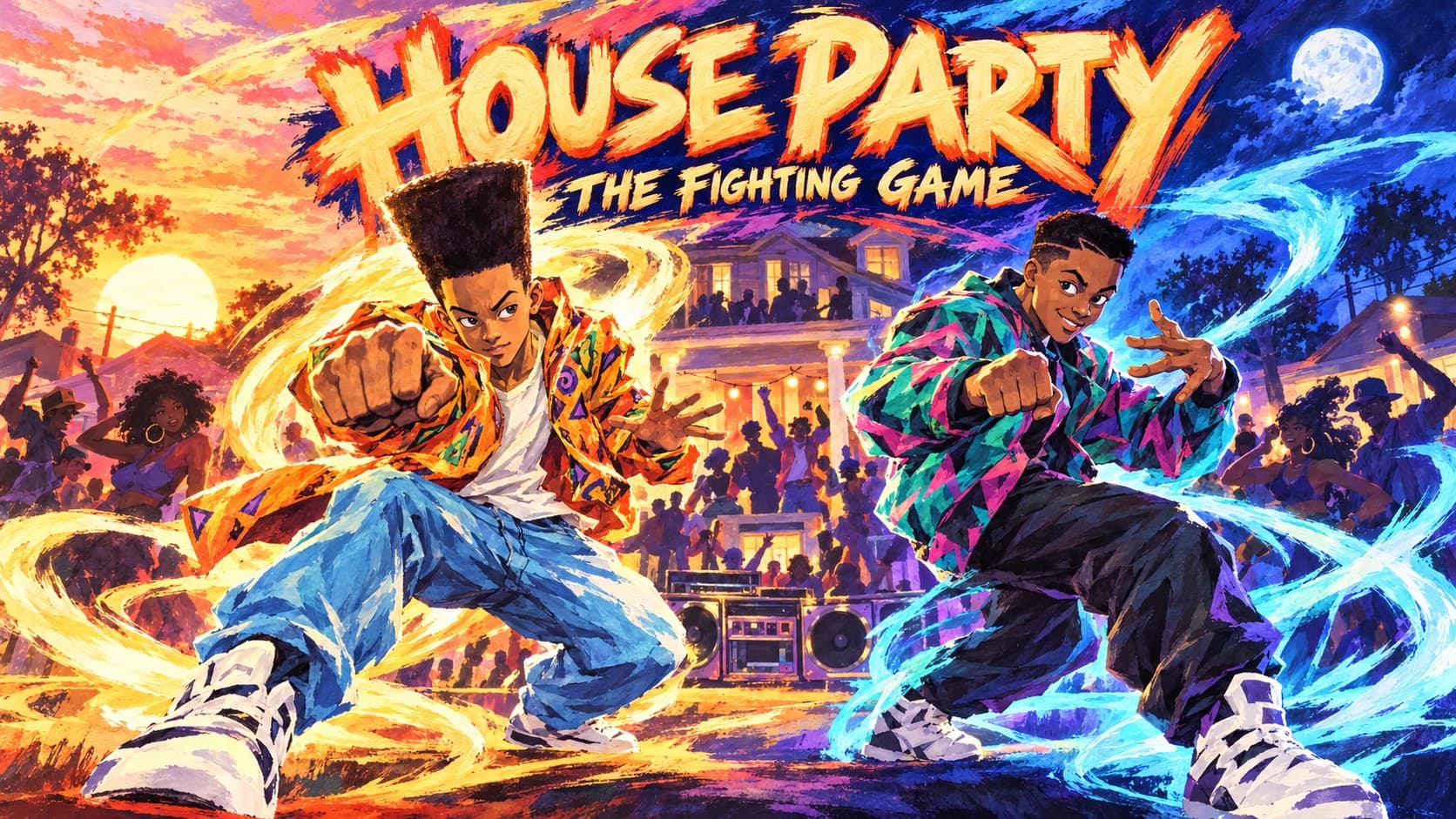 Kid and Play in hand-painted fighting poses outside a house party, surrounded by golden sunset and blue moonlit attack energy.