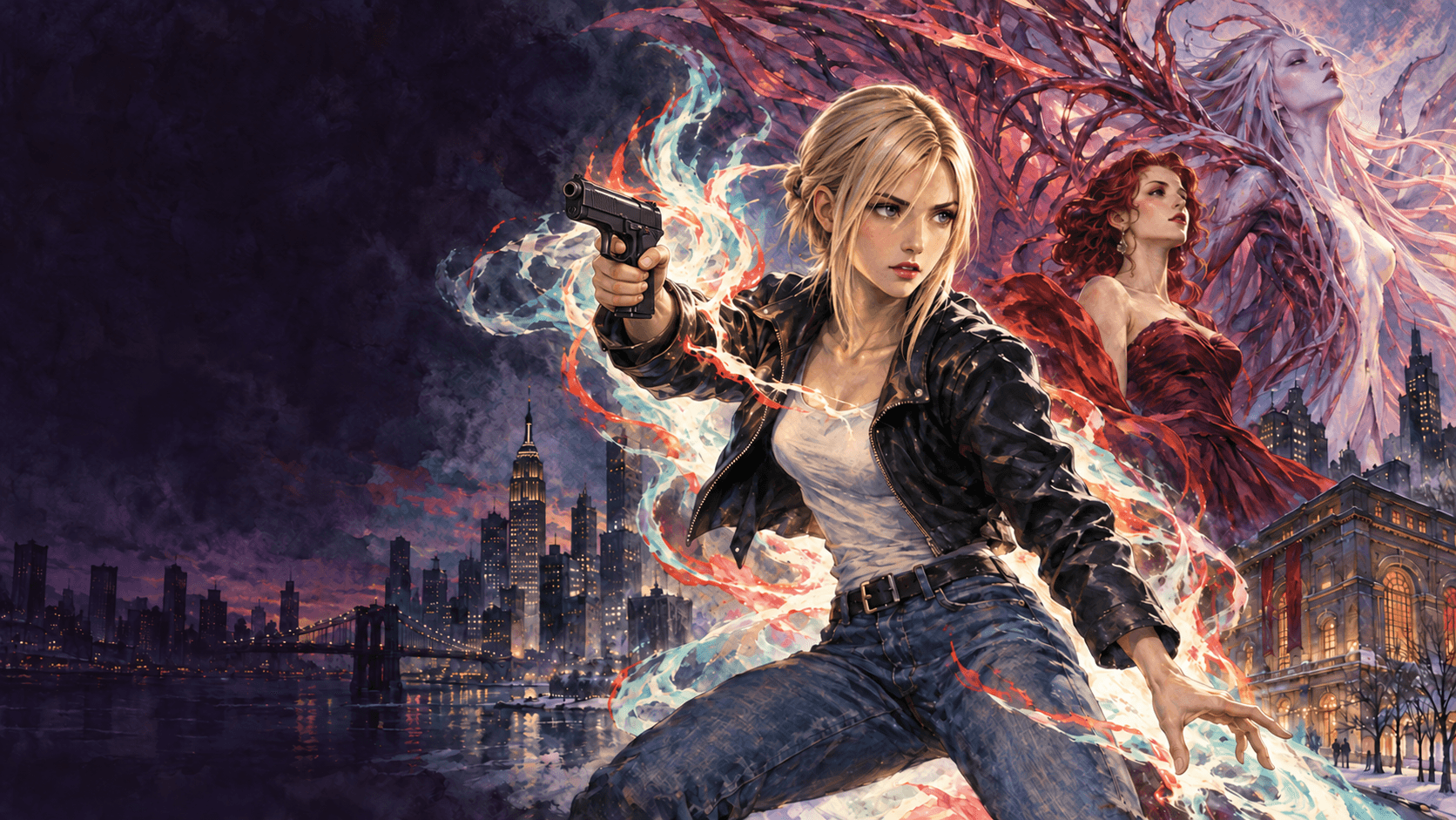 Painted Aya Brea faces Melissa and Eve over the New York skyline