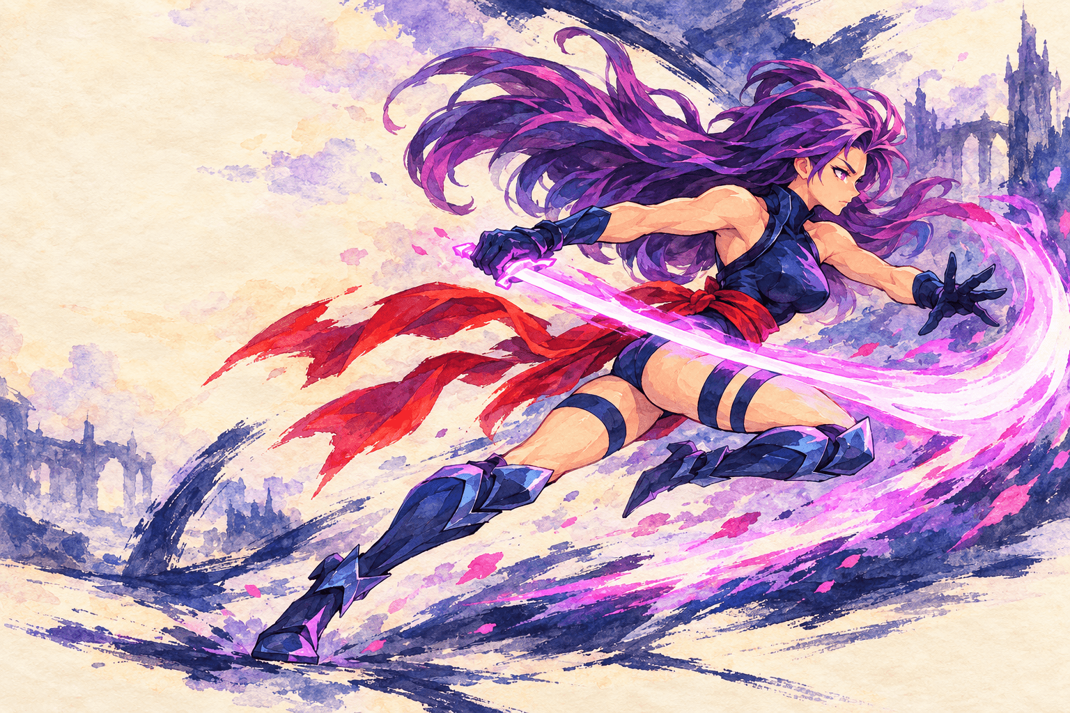Psylocke leaps into a running slash, her violet hair and red sash trailing behind a bright psychic blade, painted in watercolor and ink.
