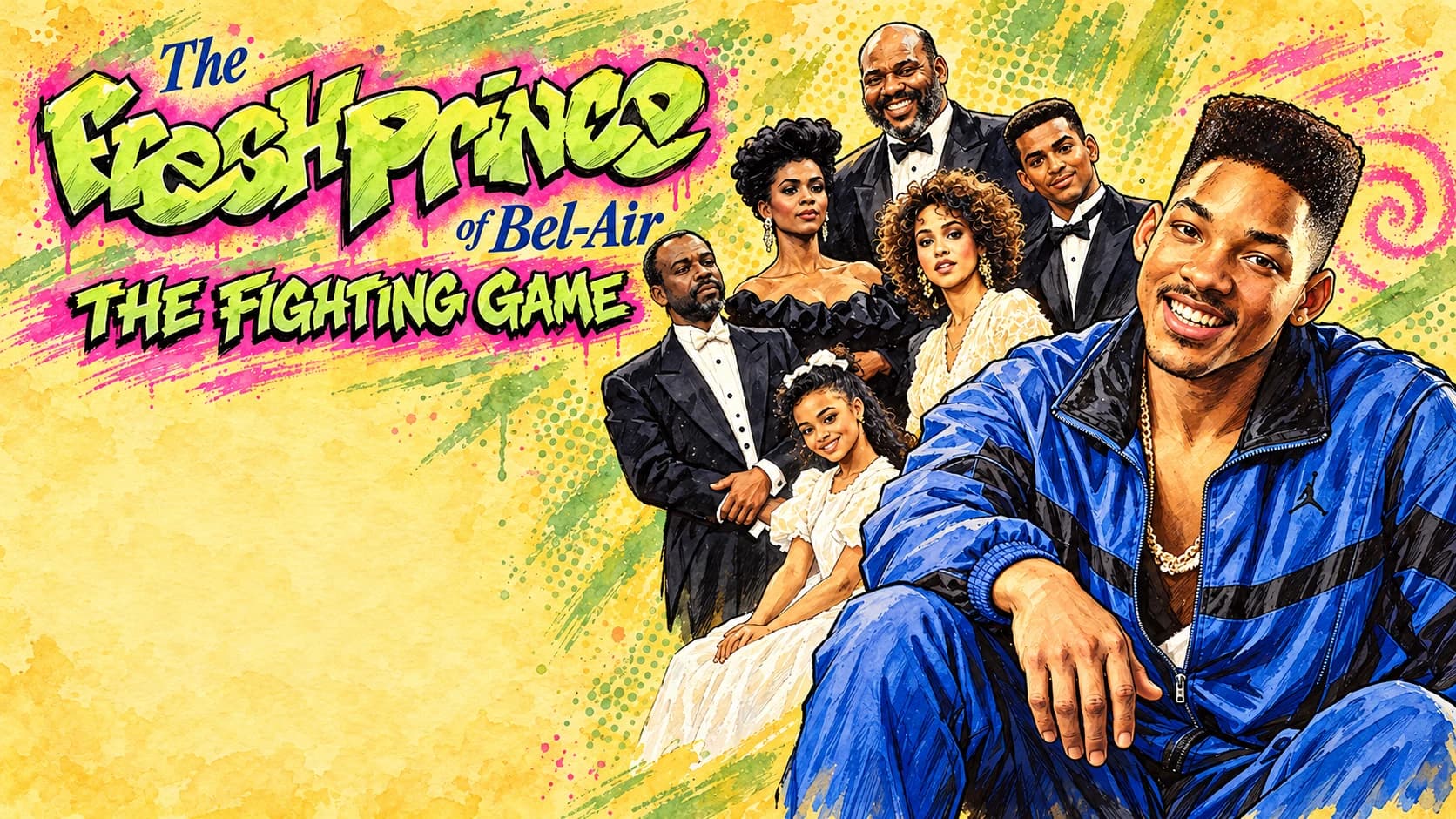 The Fresh Prince of Bel-Air cast illustrated in expressive ink and warm watercolor on textured paper, with Will in his blue jacket.