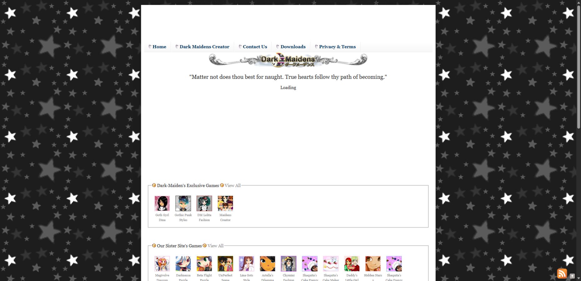 Dark-Maidens’ star-patterned homepage with its decorative logo, exclusive games, and sister-site game thumbnails replayed from a January 13, 2012 Wayback Machine capture.