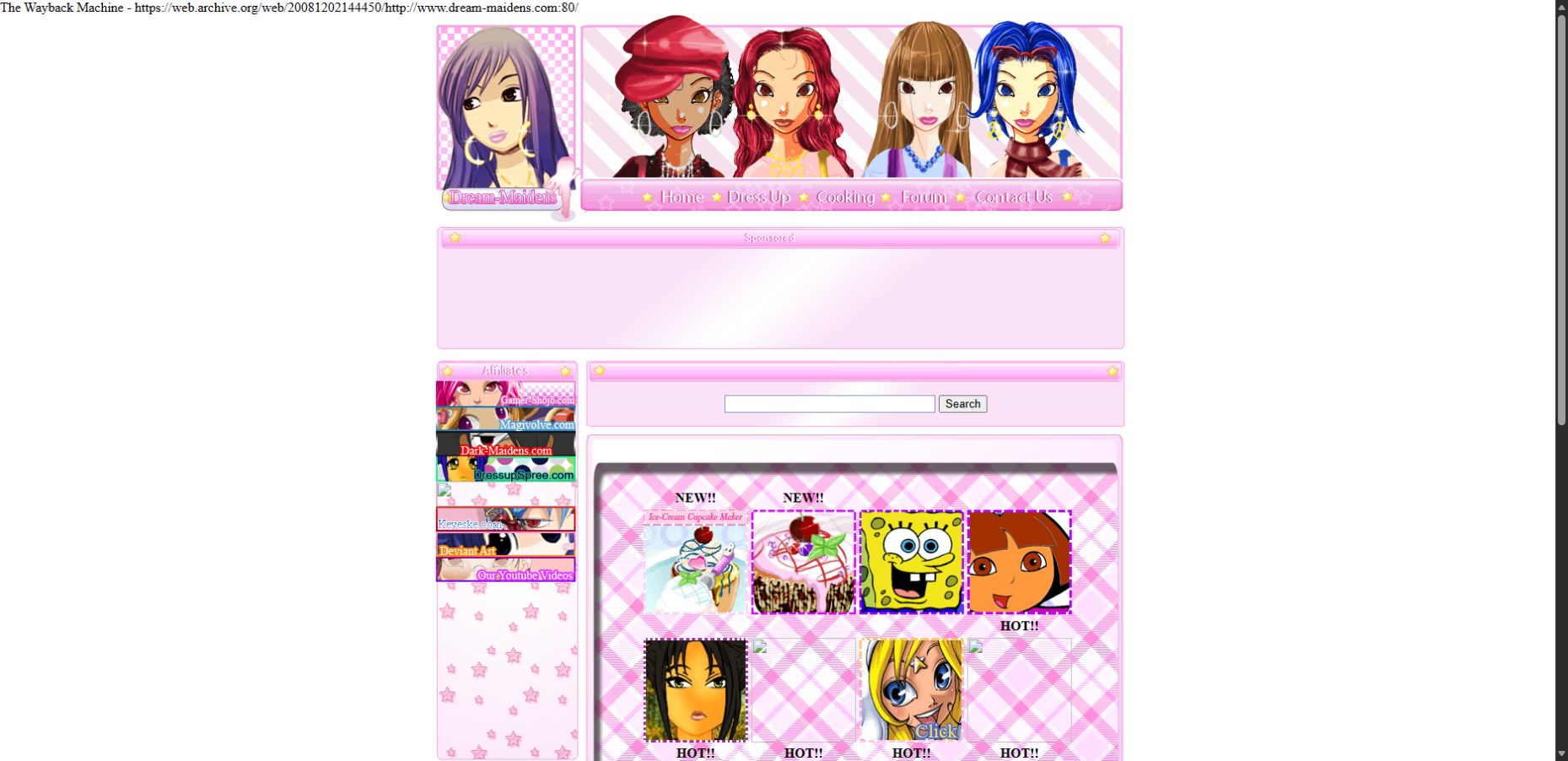 Dream-Maidens’ pink character banner, dress-up and cooking navigation, and game thumbnails replayed from a December 2, 2008 Wayback Machine capture.