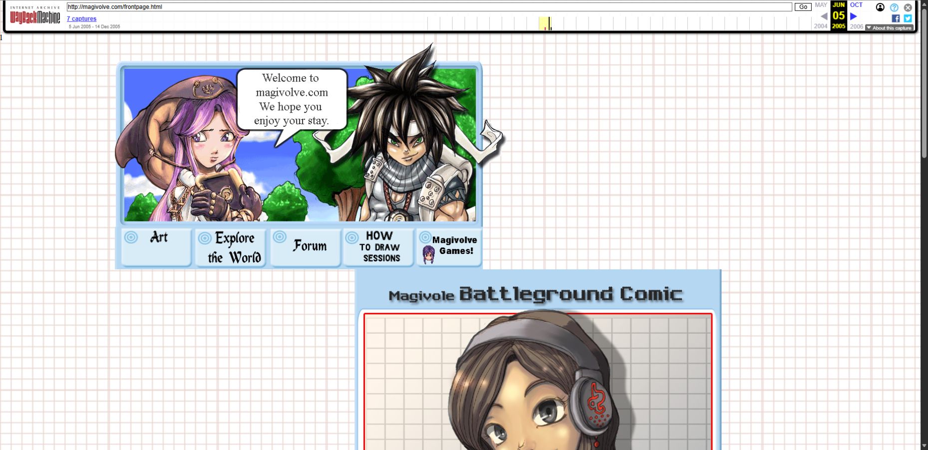Magivolve’s front page, including its welcome art and community navigation, replayed from the Wayback Machine’s June 5, 2005 capture.