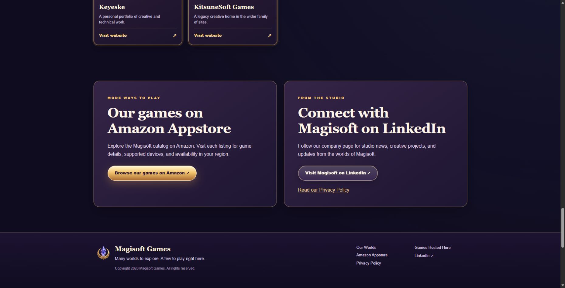 Published Magisoft homepage with Amazon Appstore and LinkedIn sections and a Privacy Policy link.