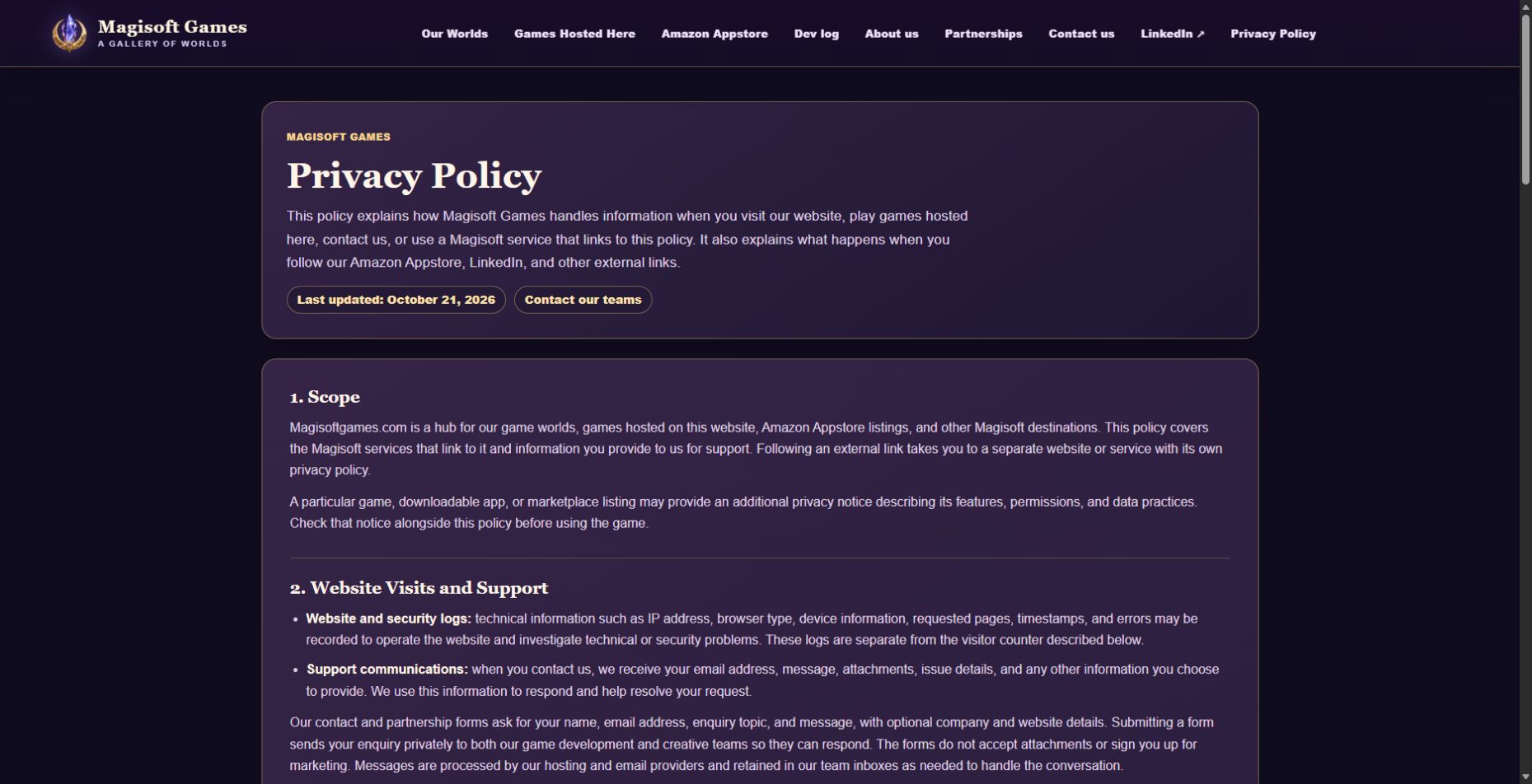 The current Magisoft Games Privacy Policy with a Contact our teams link instead of a published inbox address.
