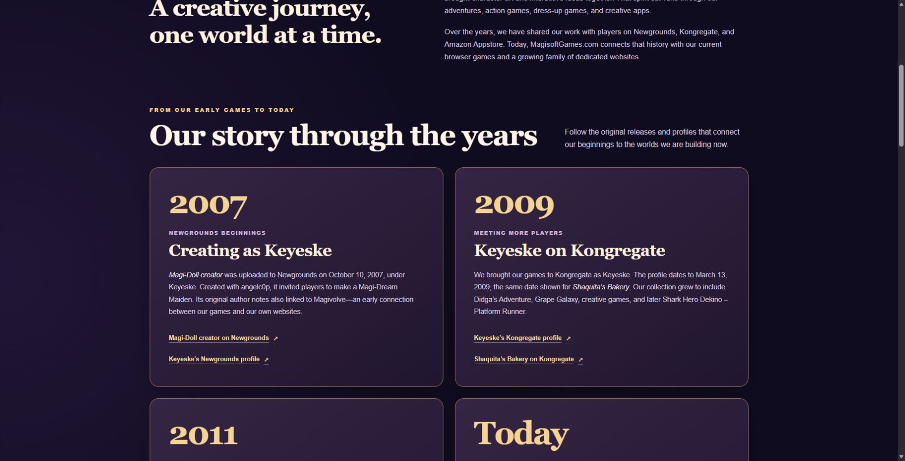 The About Us history timeline showing Keyeske’s 2007 Newgrounds work and 2009 Kongregate games, with links to the original releases and profiles.