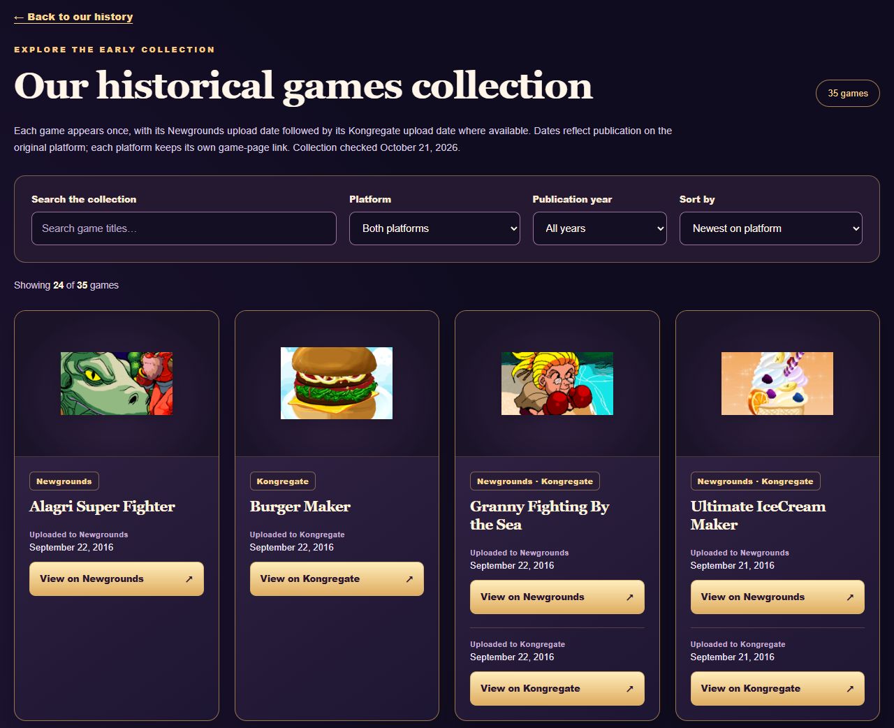 The historical games collection showing Granny Fighting By the Sea and Ultimate IceCream Maker once each, with Newgrounds dates and links above Kongregate dates and links.