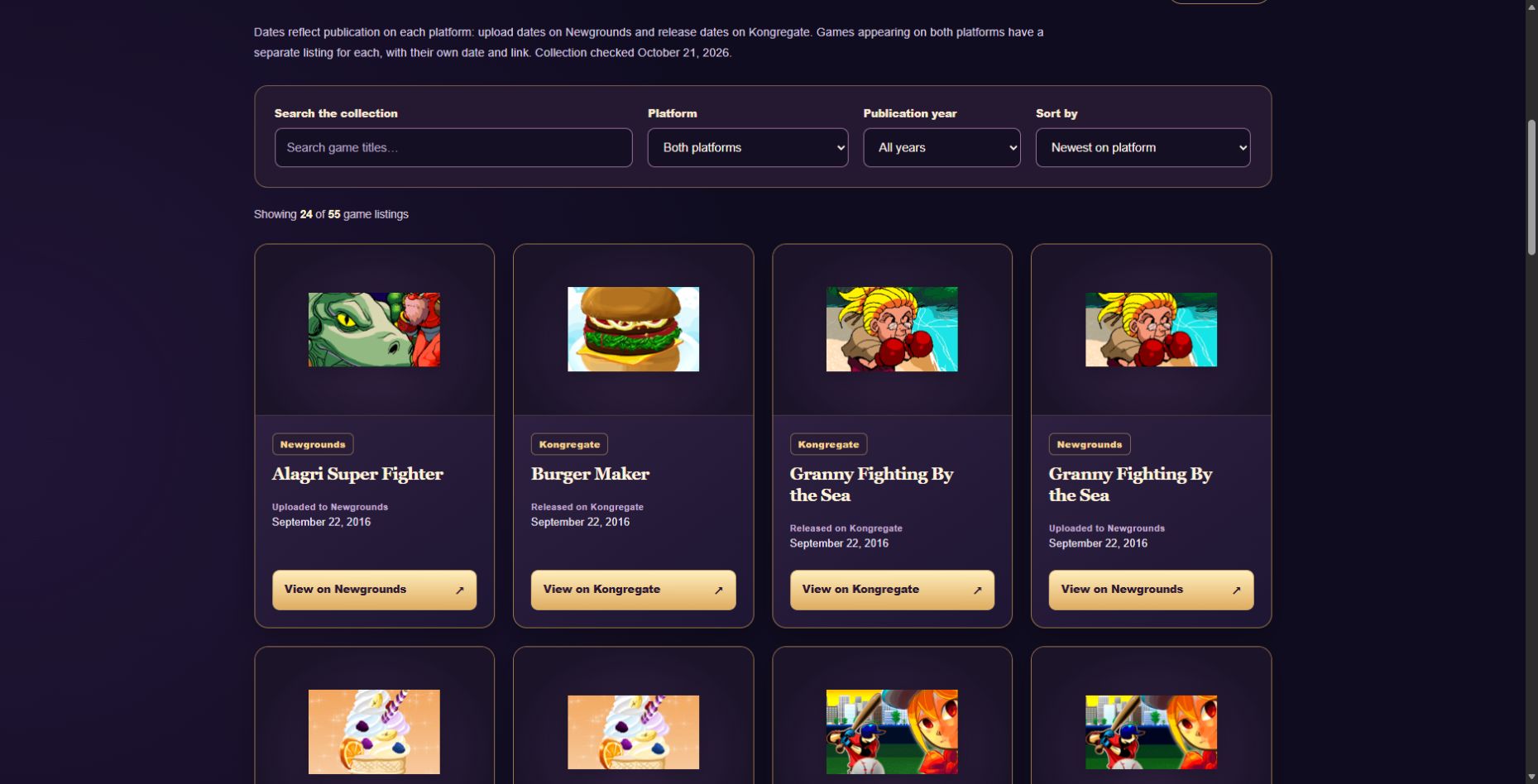 The Newgrounds and Kongregate collection with original game icons, platform publication dates, filters, and individual game-page links.