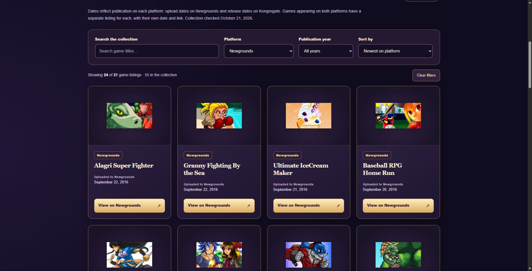 The collection filtered to Newgrounds, showing original icons, upload dates, and individual Newgrounds game links.