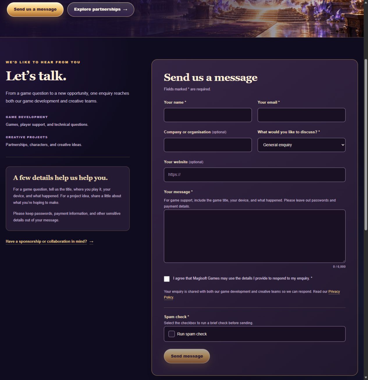 The Contact Us message form with a required Run spam check checkbox.