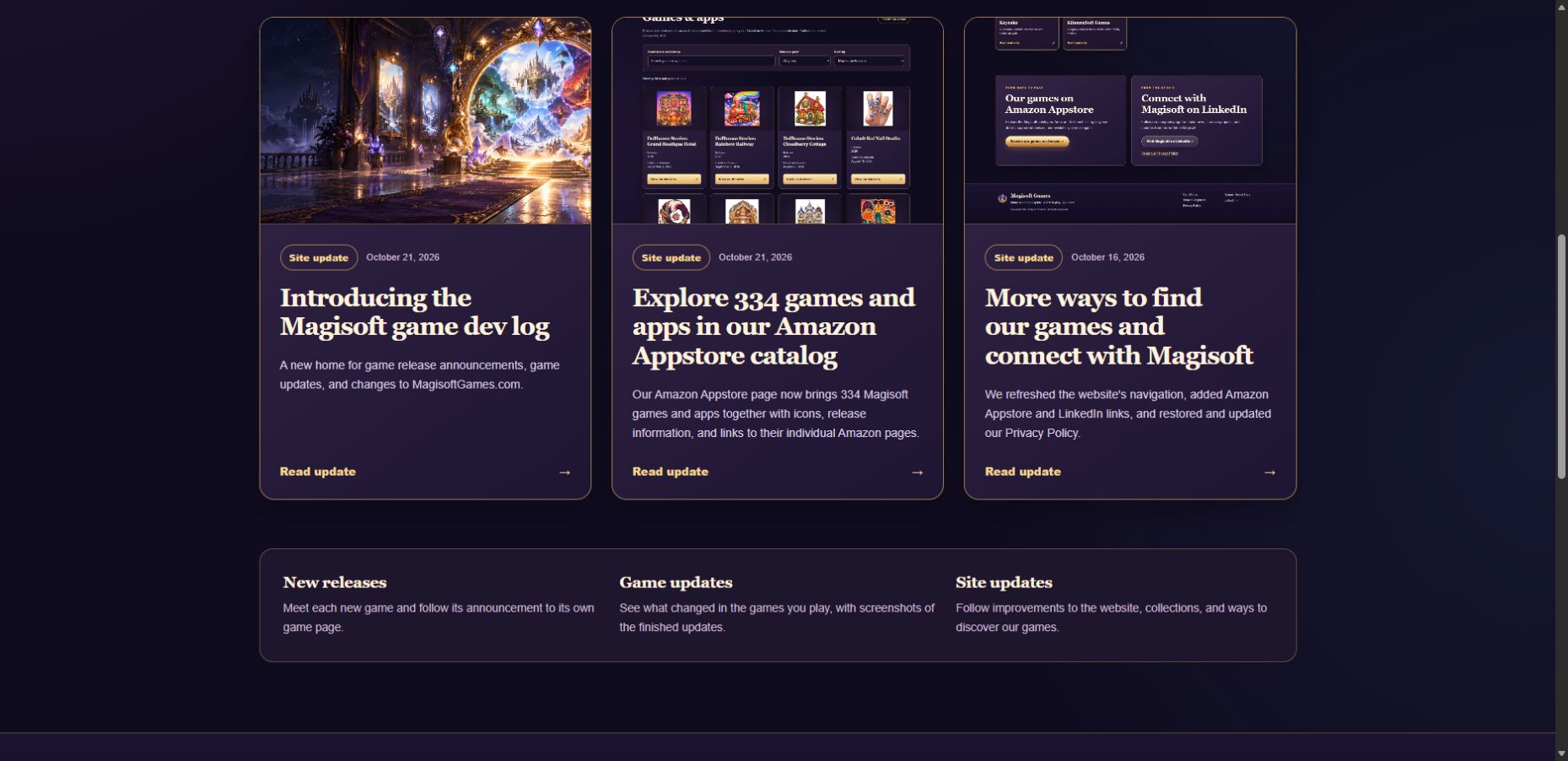 Dated announcement cards for the developer log launch, Amazon Appstore catalog, and website navigation and privacy update.