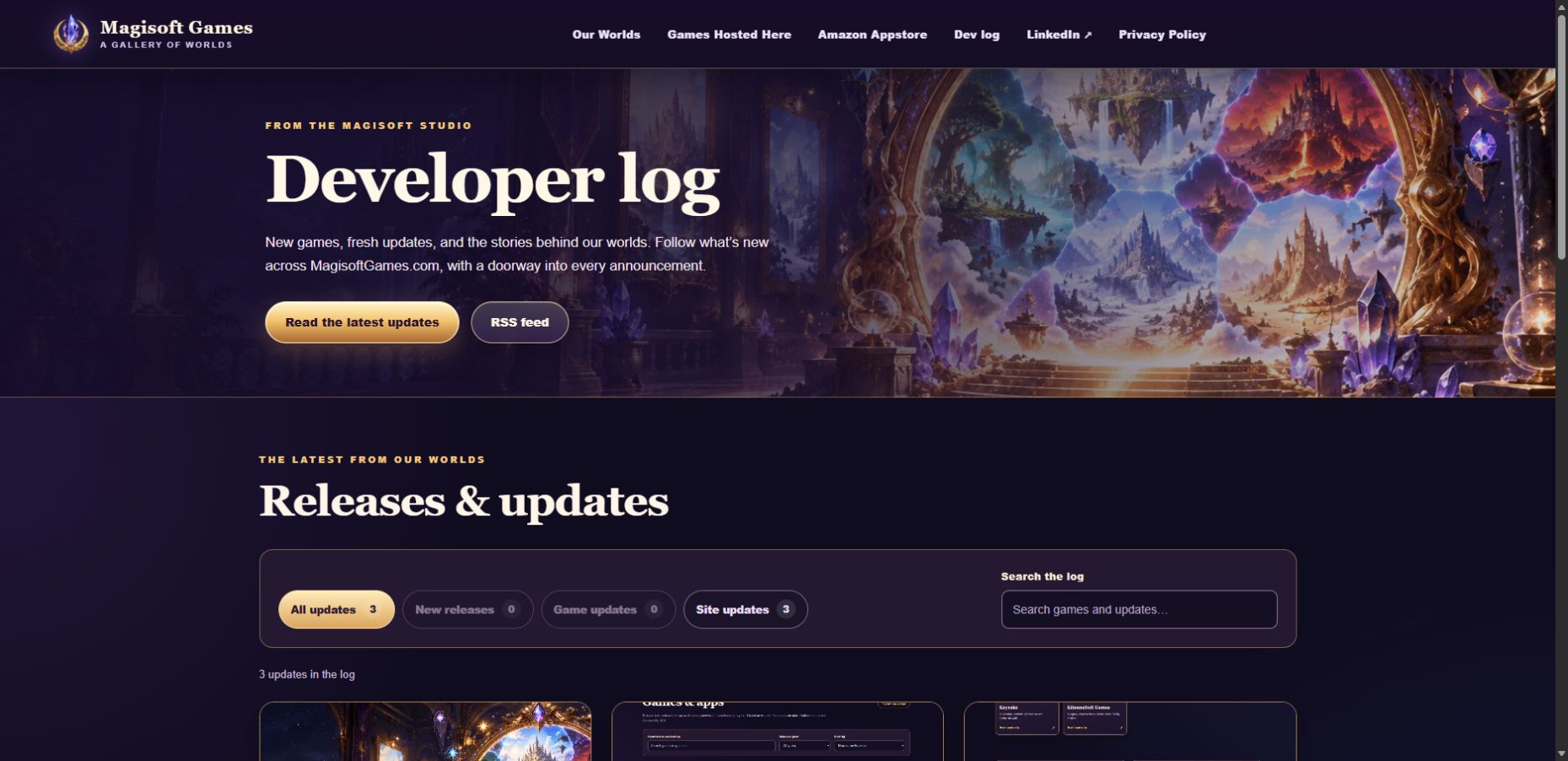 The finished Magisoft developer log with its navigation, painted portal, topic filters, and search.