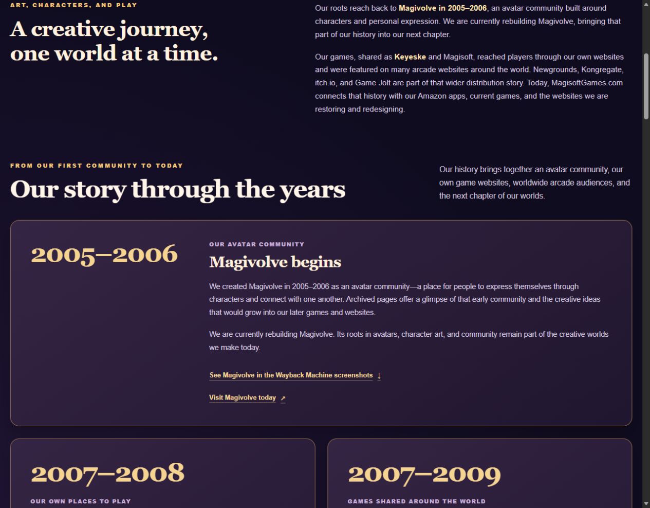 The About Us introduction names itch.io and Game Jolt alongside Newgrounds and Kongregate in Magisoft’s wider distribution history.