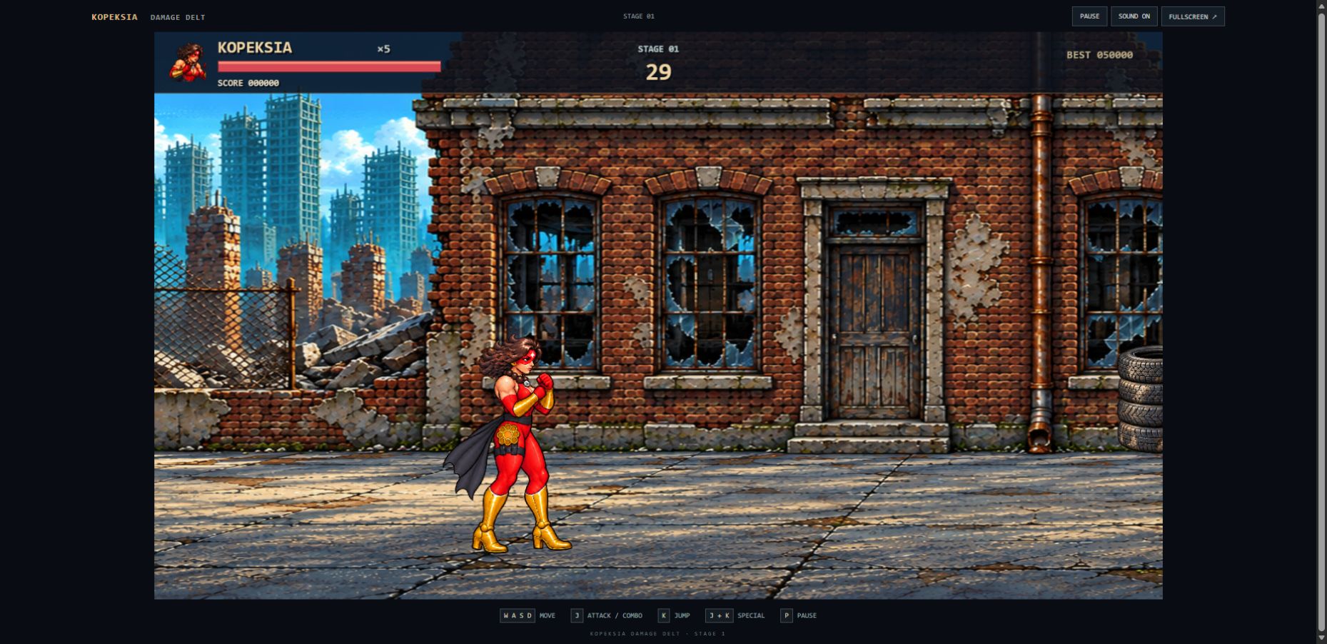 Kopeksia standing in the first-stage street, with the health bar, stage timer and keyboard controls visible.