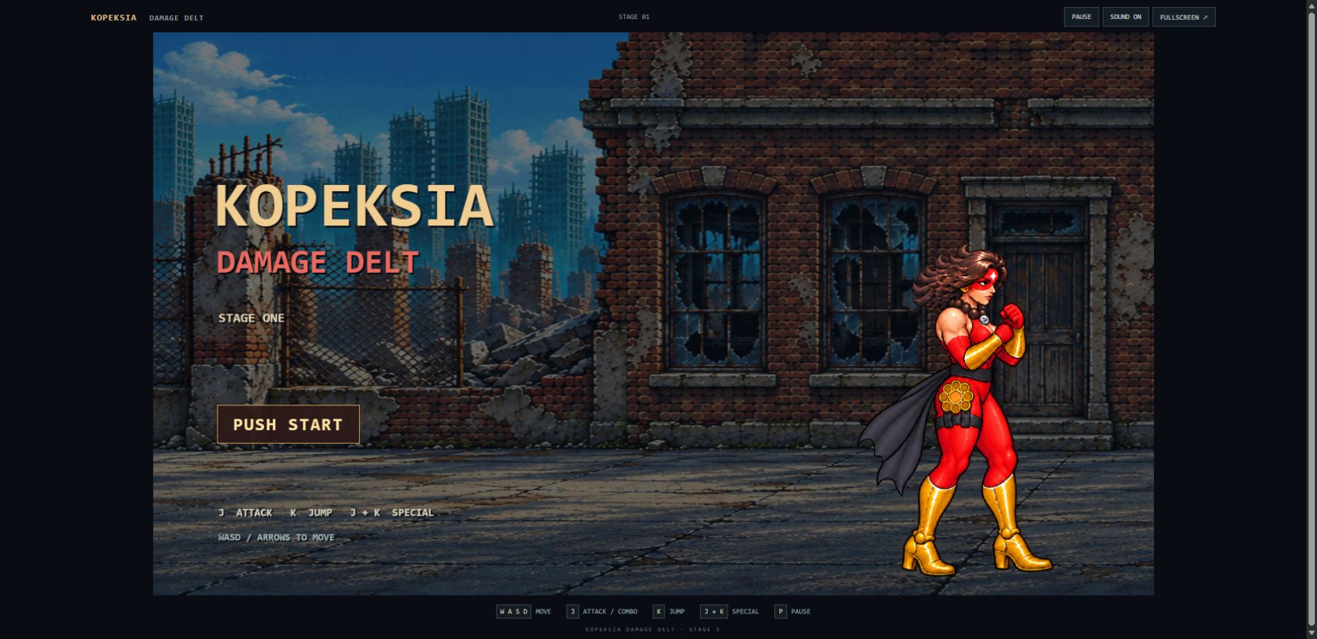 Kopeksia Damage Delt’s title screen, with Kopeksia in red and gold beside the Stage One and Push Start text.