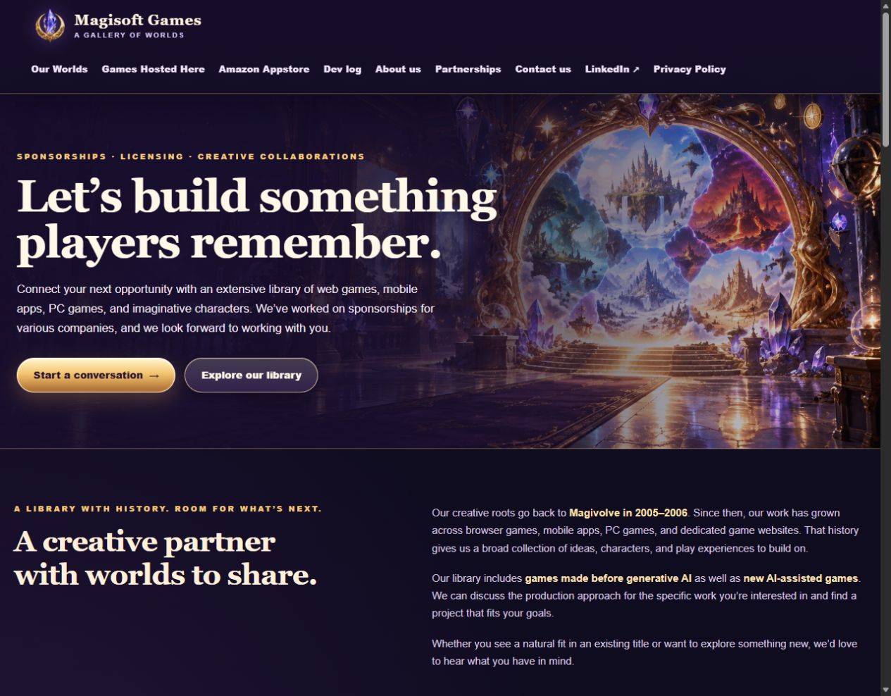 The Magisoft Games Partnerships page, with its invitation to collaborate and introduction to the studio’s creative history.