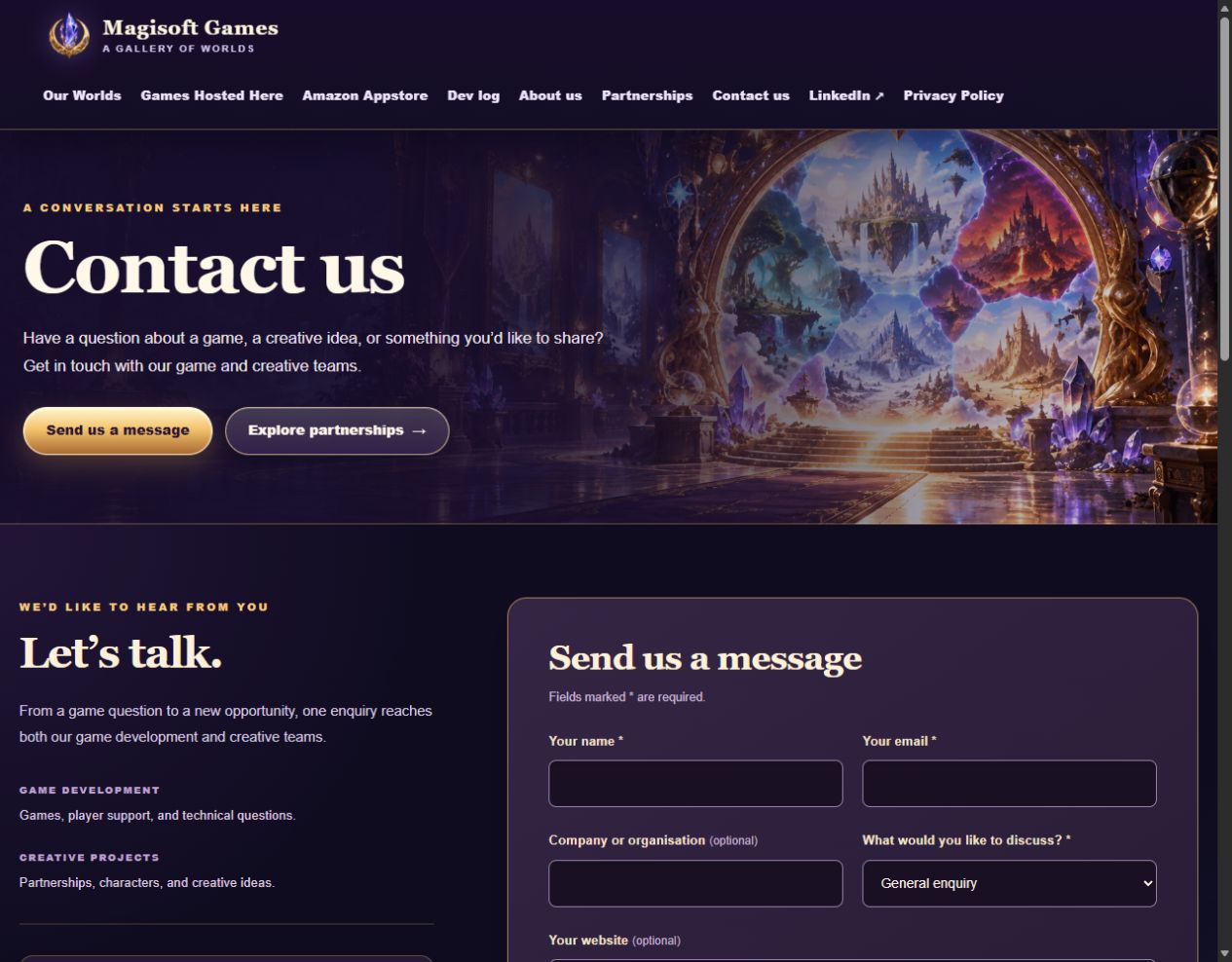The Contact Us page with game and creative team descriptions and its enquiry form; inbox addresses are not published.