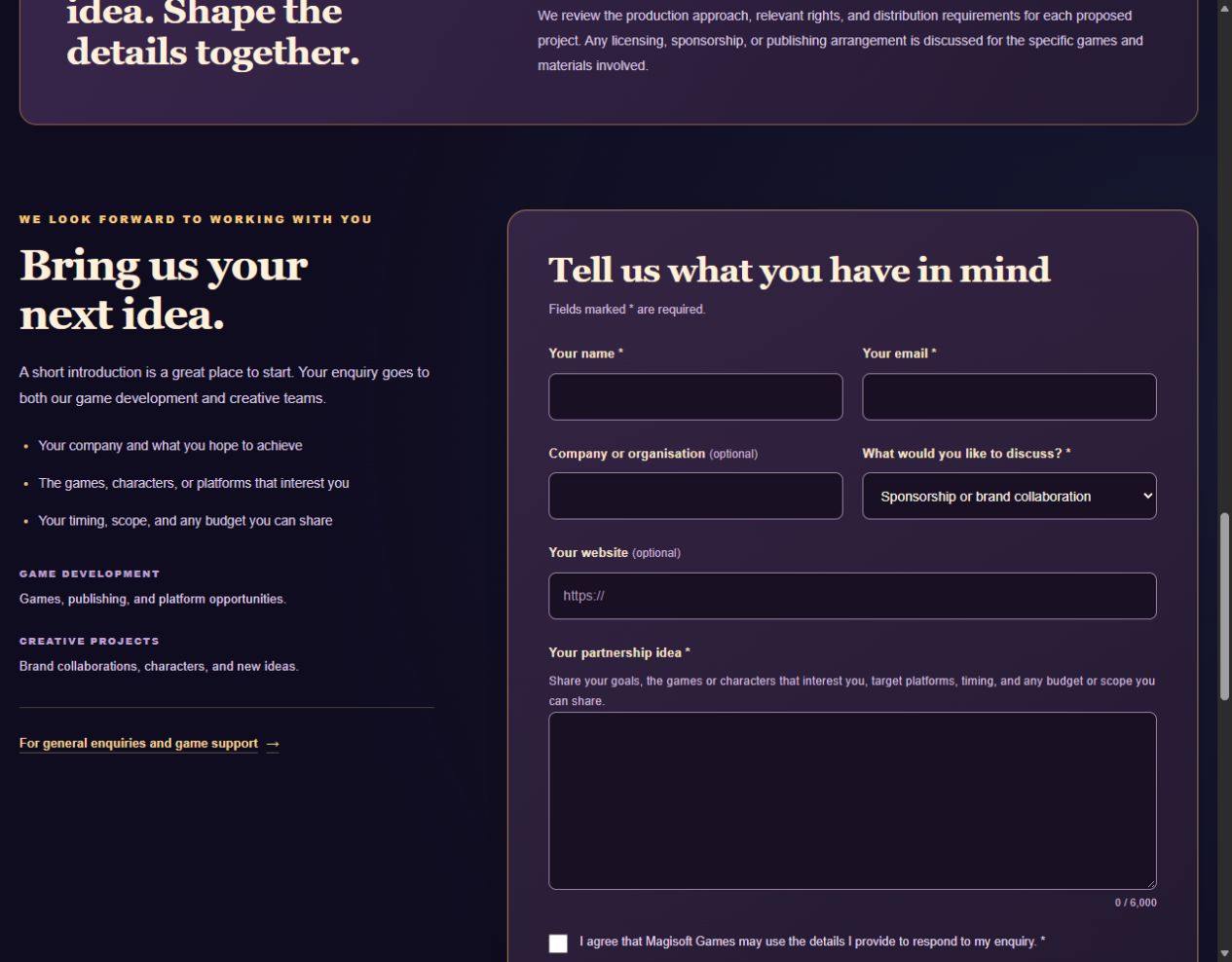 The Partnerships enquiry section showing team descriptions, project guidance and a form without public email links.