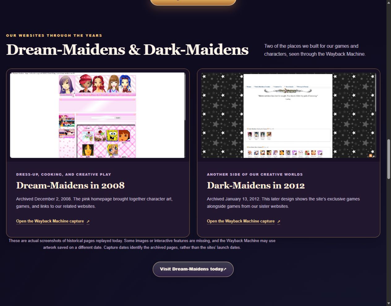 The updated About Us page showing Dream-Maidens and Dark-Maidens archive screenshots with their capture dates.