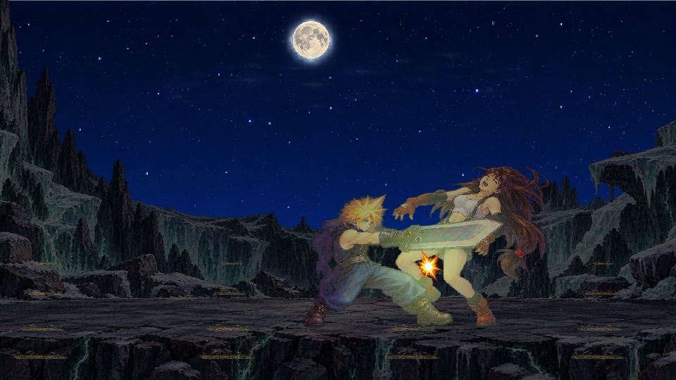 Actual FFVII gameplay showing an attack lighting both fighters in the nighttime arena.