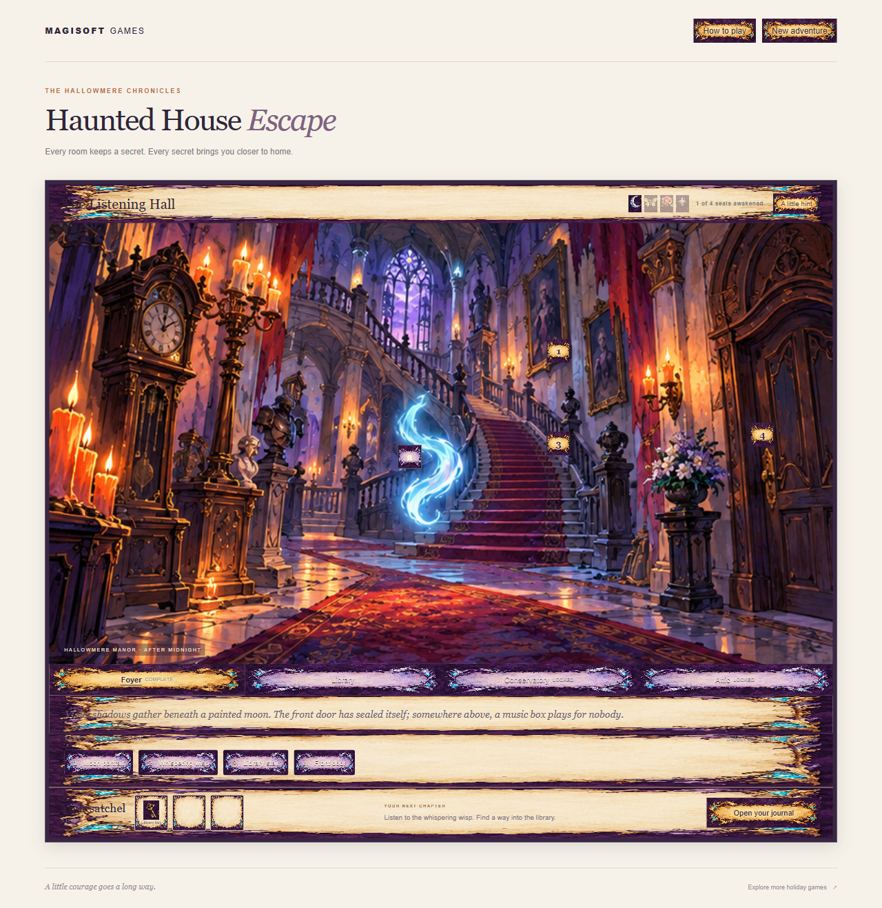Actual Haunted House Escape gameplay showing the painted manor and investigation controls.