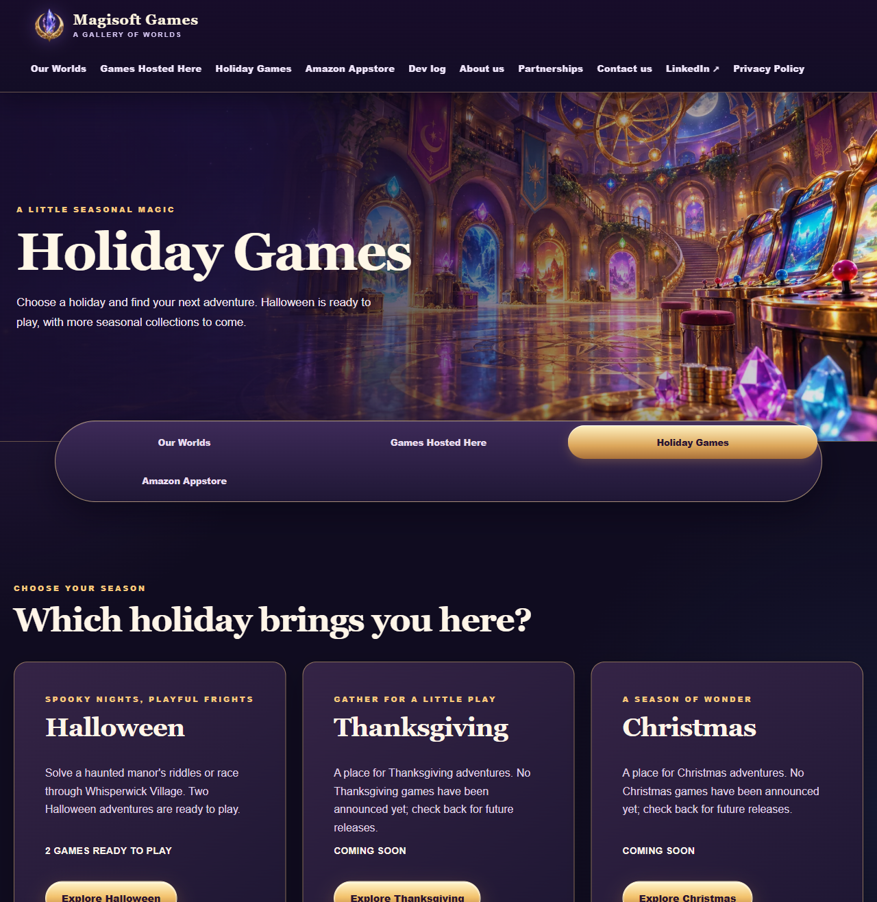 The Holiday Games chooser on Magisoft Games with Halloween, Thanksgiving, and Christmas collections.