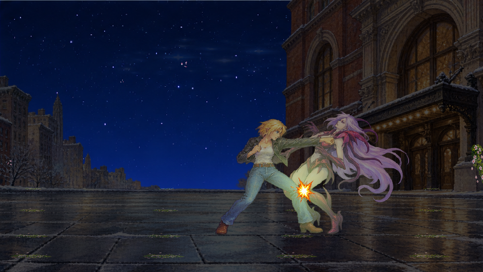 Aya Brea and Eve in an actual nighttime fight, illuminated by a landed hit.