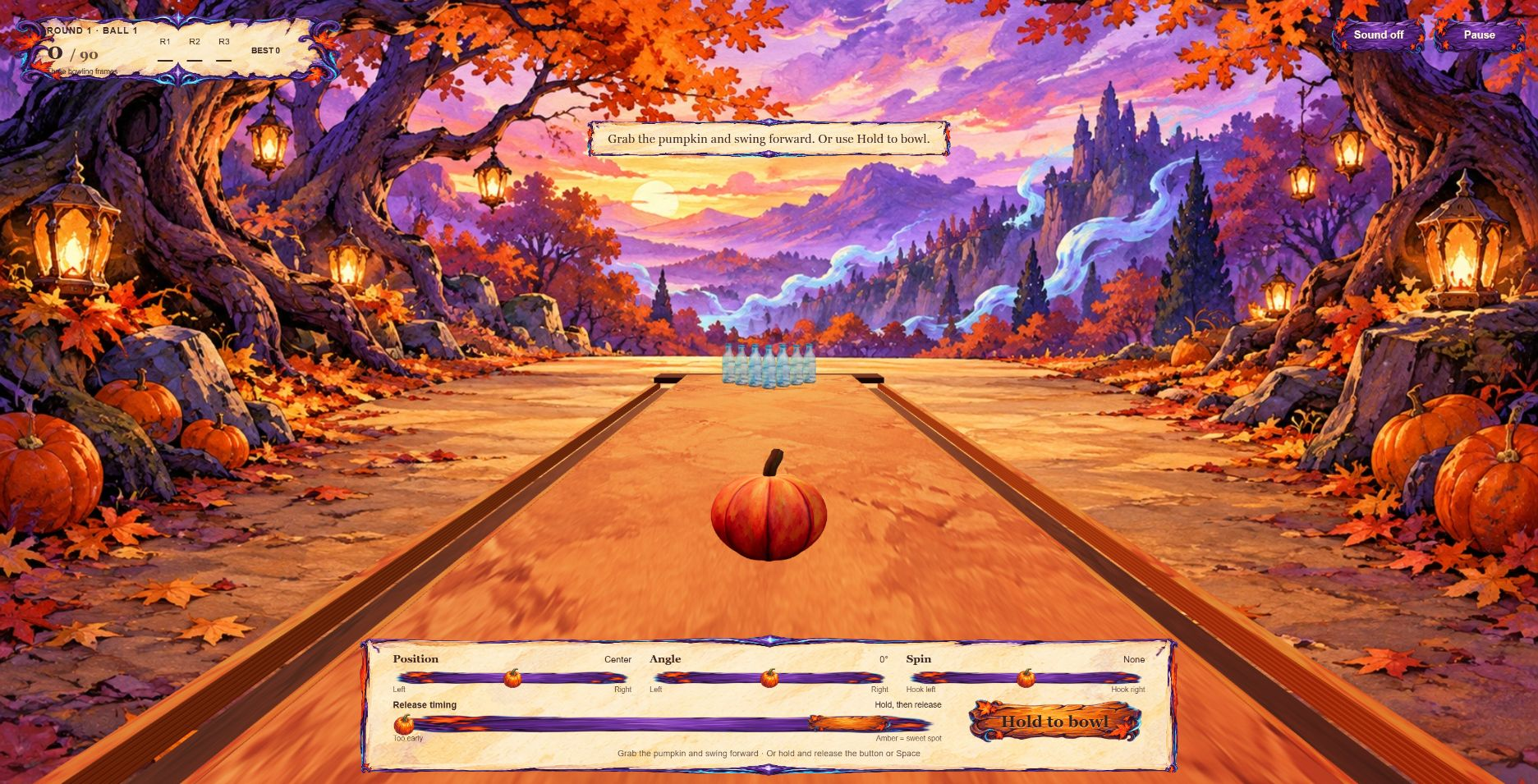 Actual Pumpkin Bowling 3D gameplay with a small pumpkin and plastic bottle targets on the lane.