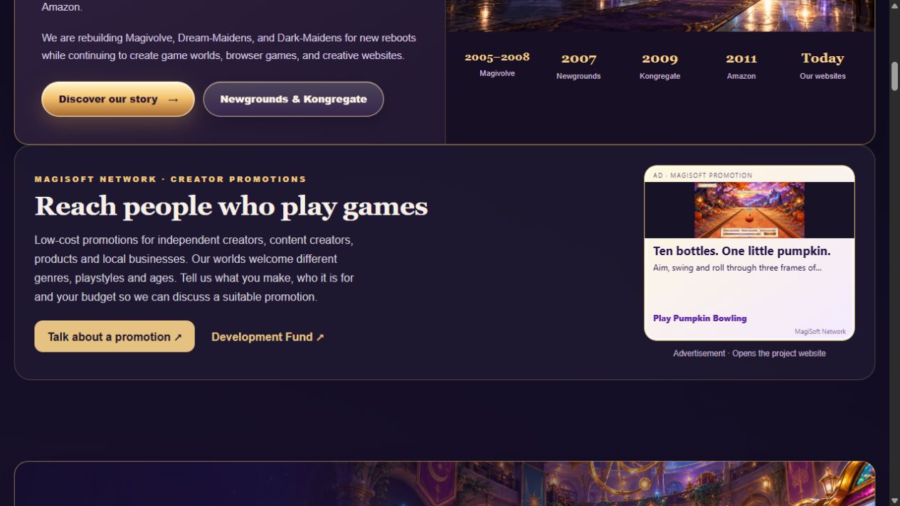 The live MagiSoft Games homepage introduces low-cost creator promotions with promotion and Development Fund links beside a labelled network placement.
