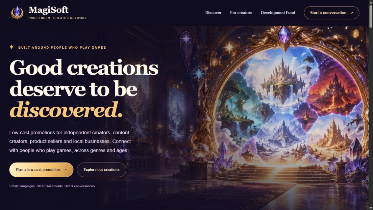 The live MagiSoft Network homepage introduces low-cost promotions for independent creators, content creators, product sellers and local businesses.