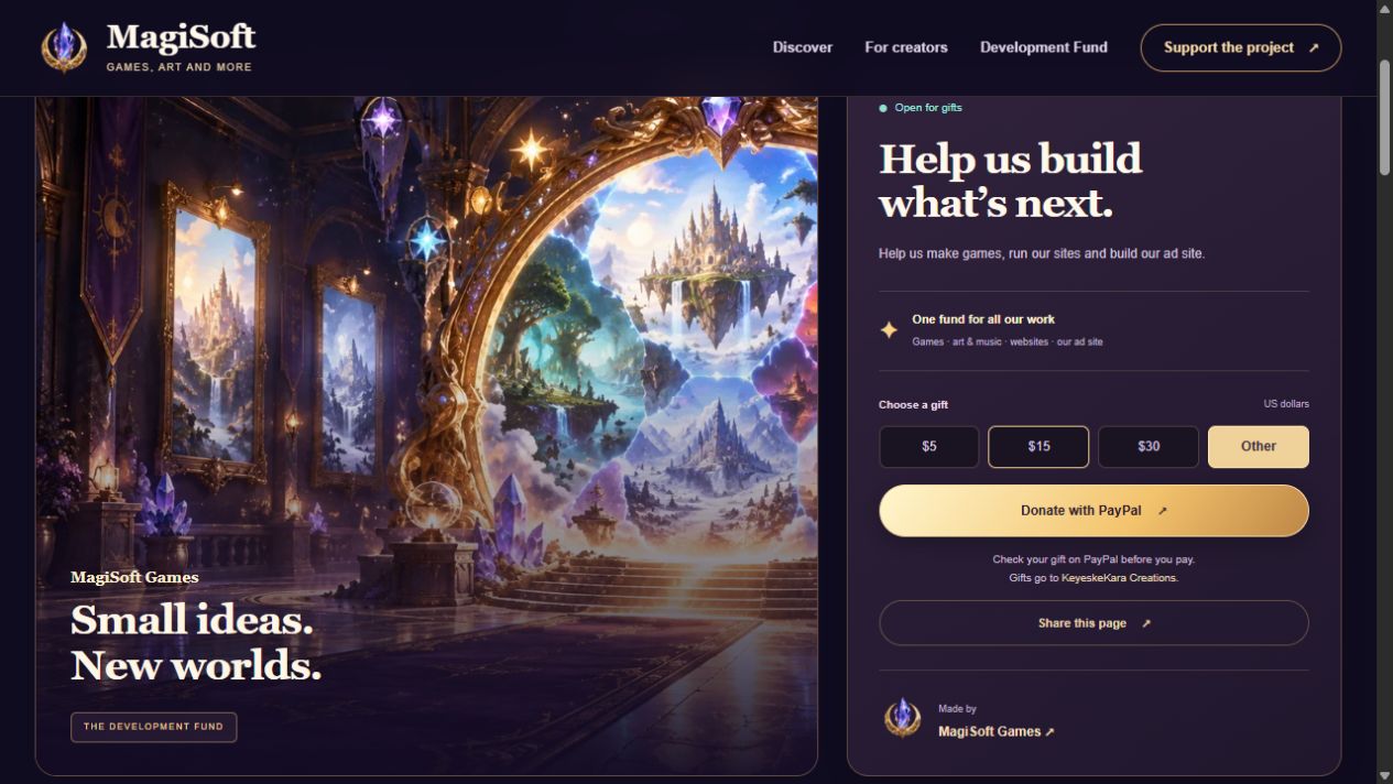 The live Development Fund page has amount choices and a Donate with PayPal button beside painted portal art.
