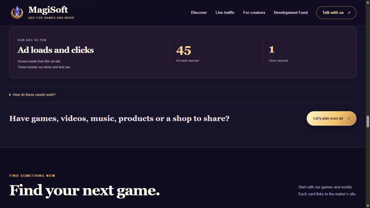 The live traffic page asks Have games, videos, music, products or a shop to share beside a plan your ad button.