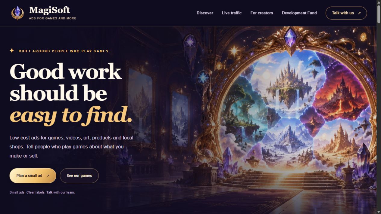 The live network home page introduces its ad service with short text and the heading Good work should be easy to find.