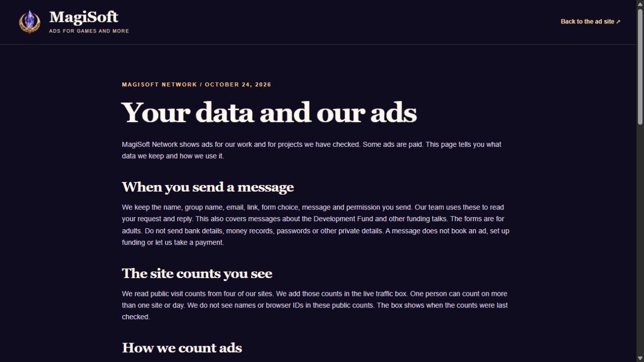 The live privacy page explains messages, public site counts and ads in short paragraphs.