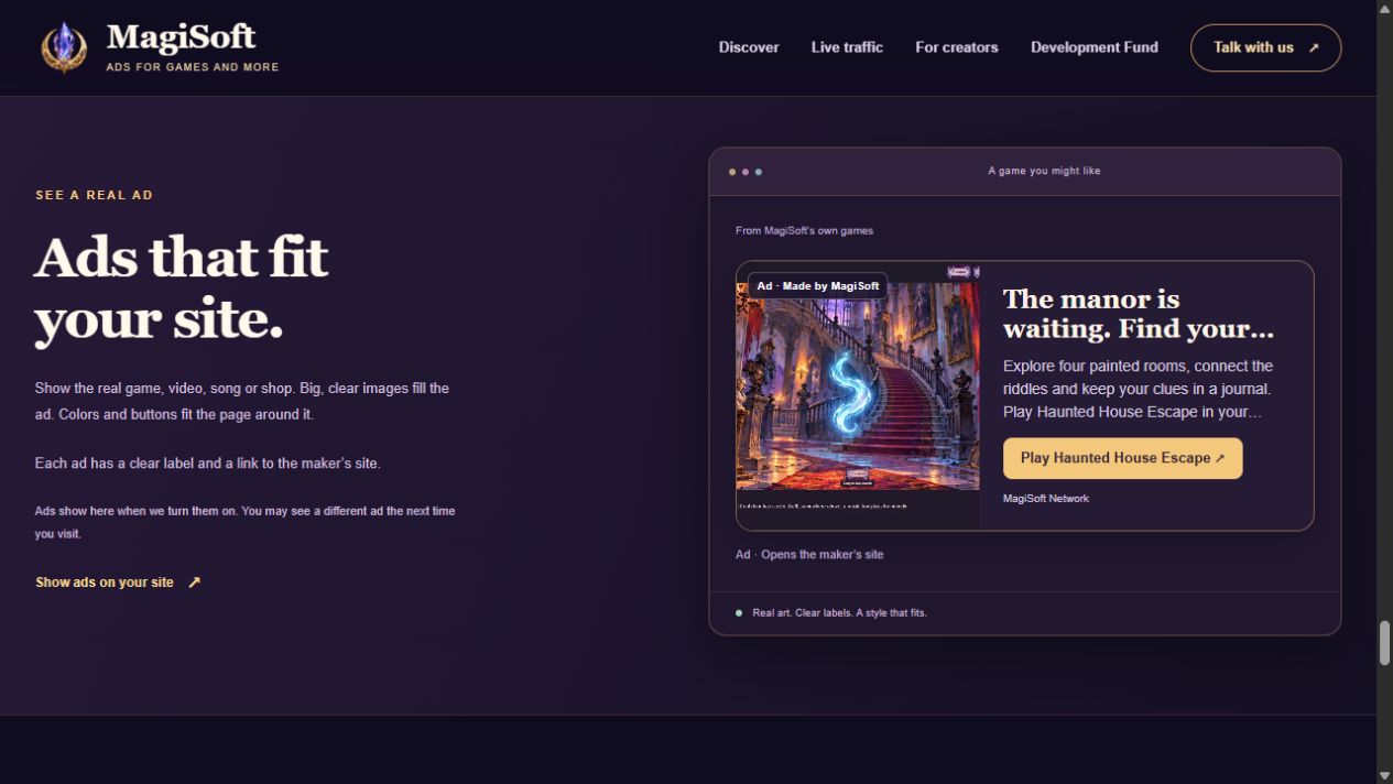 A live Haunted House Escape ad on MagiSoft Network uses dark plum and gold styling, a clear Ad label and a project link.
