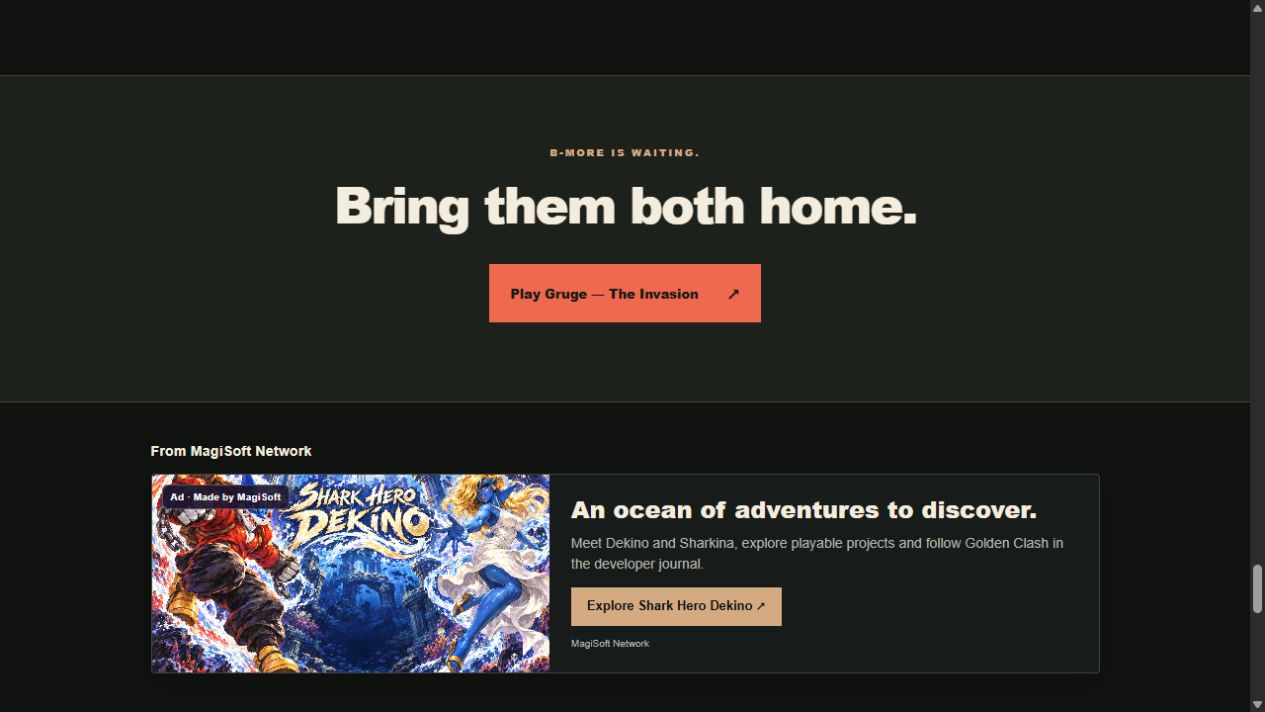 A labelled MagiSoft Network ad on the Gruge website, with dark colors and a brass button.