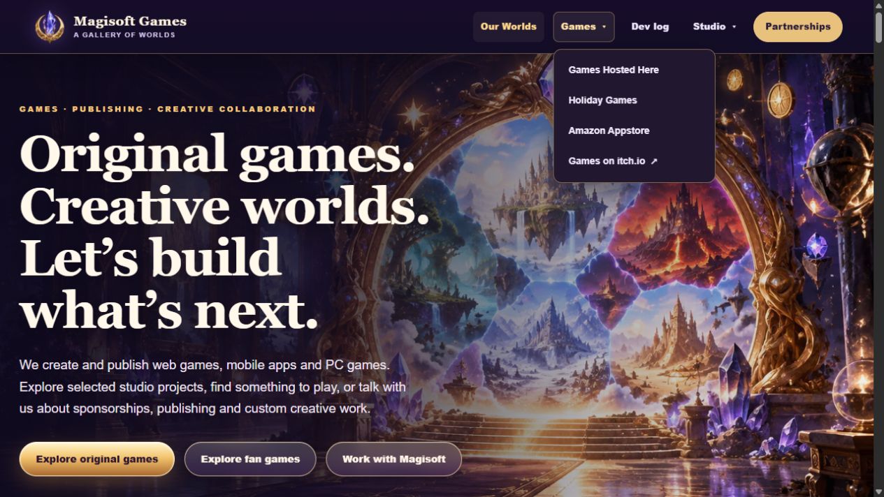 The MagiSoft Games desktop Games menu shows Games on itch.io below Amazon Appstore.