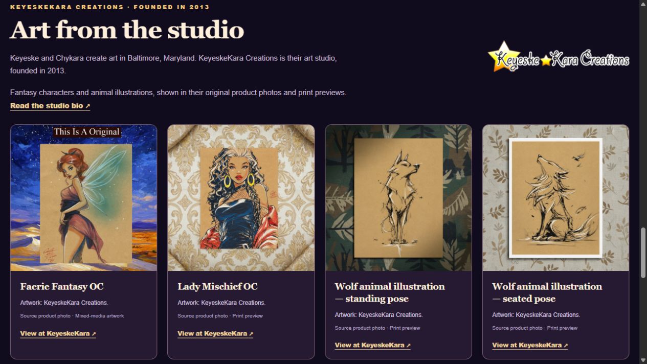 Four unchanged KeyeskeKara product photos appear with studio credits, source links, and the artist bio.
